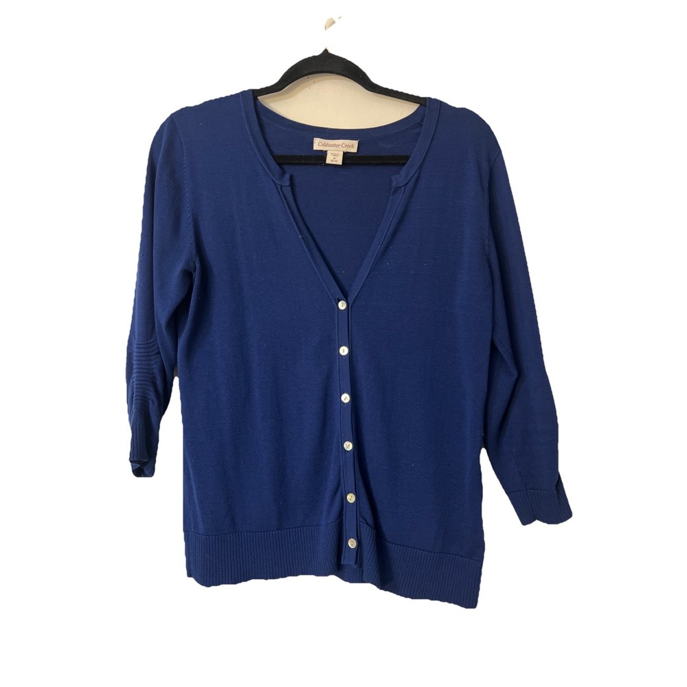 Coldwater Creek Sz M blue silk blend 3/4 sleeve button front cardigan